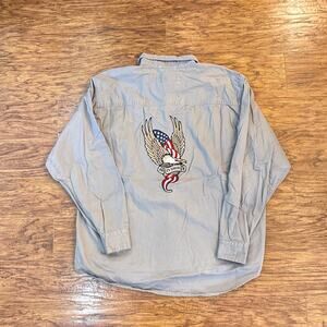 Vintage Harley Davidson Eagle Flag USA Gray Button Up Shirt XL